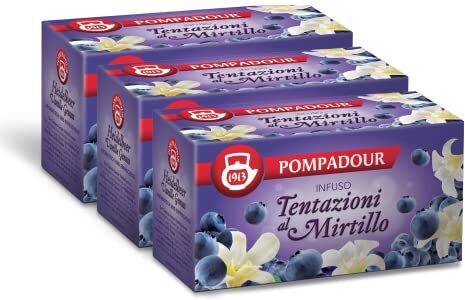 Pompadour , Infuso Tentazioni al Mirtillo, 60 Filtri (3 Confezione da 20 Filtri), Dolce e Fruttato, Piace anche ai Bambini, Senza Lattosio, Glutine e Allergeni, Vegan