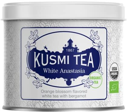 KUSMI TEA Tè Bianco Bio White Anastasia Tè bianco con bergamotto, fiori d'arancio e limone Barattolo per tè in metallo da 90 g Circa 40 tazze