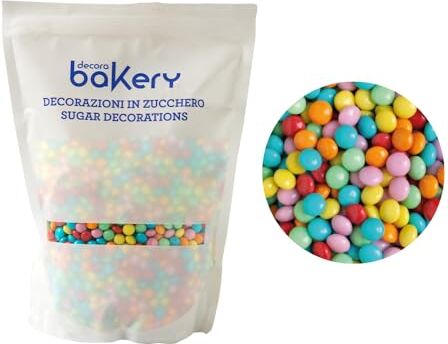 Decora , 5081199 Confezione da 1 Kg di Mini Lenti Cioccolato A Latte Arcobaleno, Dim. ⌀ 10 mm, Pronte all’uso, Con il 60% di cioccolato al latte, Confezione Bakery, Made in Italy