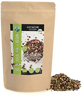 Alpi Nature Pepe mix in grani bio (250g), Pepe biologico colorato in grani, Pepe biologico colorato da coltivazione biologica controllata, testato in laboratorio, puro al 100% e naturalе