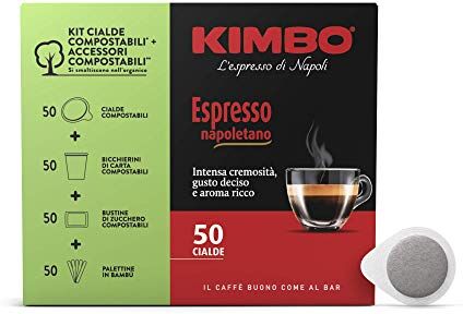 Kimbo Cialde Caffè Compostabili Ese Espresso Napoletano Confezione da 50 Pezzi Con Kit Di 50 Bicchierini Di Carta, 50 Palettine E 50 Bustine Di Zucchero Compostabili 350 gr