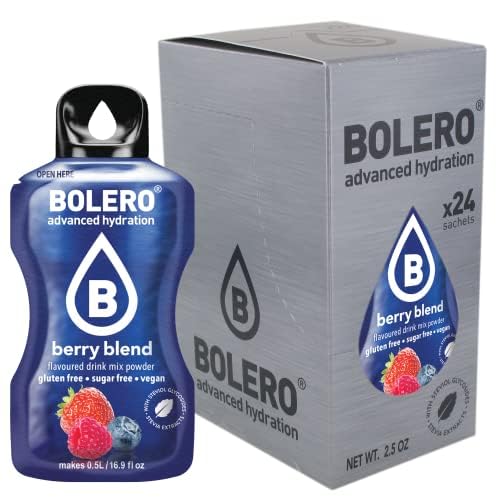 Bolero Drink 24 Bustine 3 gr grammi Sticks Frutta Preparato Polvere Solubile Per Bevanda Fresca in Acqua Prodotto, 72 grammi dolcificato alla stevia (Berry blend)