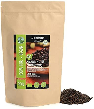 Alpi Nature Pepe nero Malabar biologico (500g), pepe nero tigre biologico, grani di pepe nero Malabar da coltivazione biologica controllata, pepe tigre testato in laboratorio, puro e naturale al 100%