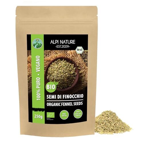 Alpi Nature Semi di finocchio bio interi (250g), finocchio crudo qualità da coltivazione biologica certificata, granella di finocchio senza glutine, senza lattosio, testato in laboratorio, vegano