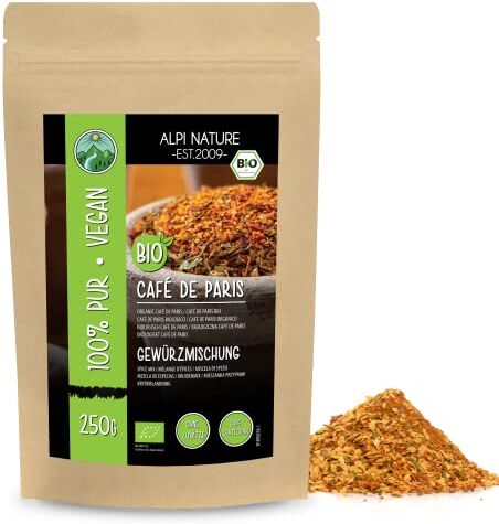 Alpi Nature Spezie biologiche Cafe de Paris, mix di spezie francesi biologiche, spezie per immersione, 100% naturali, ingredienti biologici, mix di spezie Café de Paris senza additivi artificiali (250 GR)