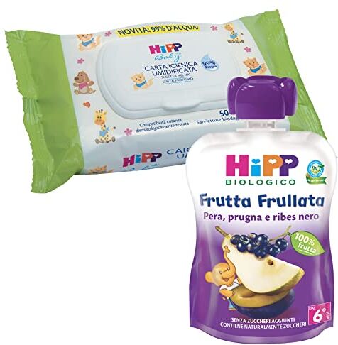 HiPP Kit Frutta Frullata Bio, Gusto Pera, Pruga e Ribes, 6 Confezioni da 90gr + Carta Igienica Umidificata Pelli Sensibili 6 Confezioni da 50 Salviette