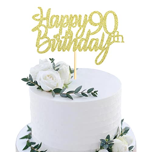 Sumerk Topper per torta per 90° compleanno, con glitter dorati, per decorazioni per feste di compleanno, anniversario, confezione da 1