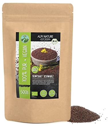 Alpi Nature Semi di senape biologici interi neri marroni, semi di senape biologici neri, semi di senape interamente da coltivazione biologica controllata, 100% naturali, senza additivi (500 GR)