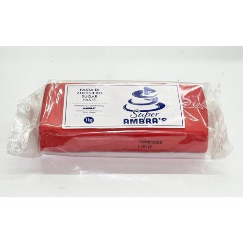 Generic AMBRA'S Pasta di zuccherro VARI COLORI PANETTO DA 1KG senza glutine per torte scenografiche (Rosso)