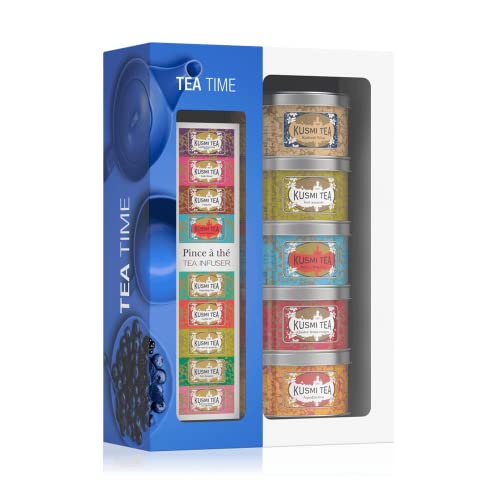 KUSMI TEA Cofanetto Tea Time di 5 Miniature Assortimento di Tè Aromatizzati Tè Neri, Earl Grey, Tè Verde e Miscela Esotica AquaExotica Scatole da Tè in Metallo 5x25 g