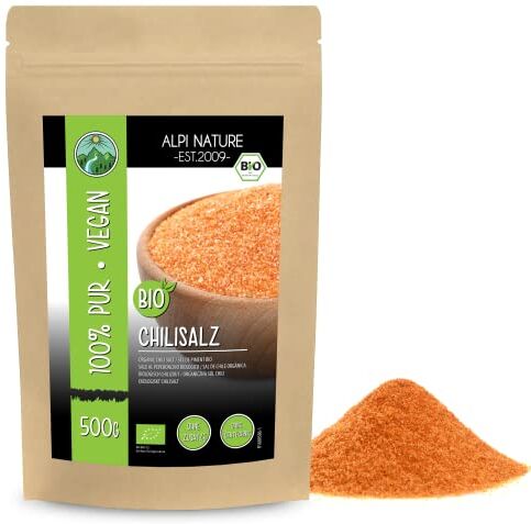 Alpi Nature Sale al peperoncino biologico (500g), sale gourmet Fleur de Sel con peperoncino Bird's Eye biologico, paprika biologica e aglio biologico, spezie per grigliate