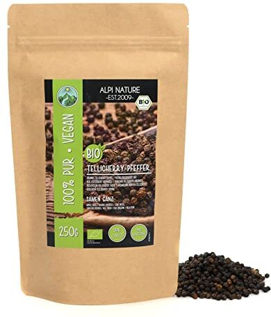 Alpi Nature Pepe nero Tellicherry biologico (250g), grani di pepe nero Tellicherry da coltivazione biologica controllata, testato in laboratorio, puro al 100% e naturale