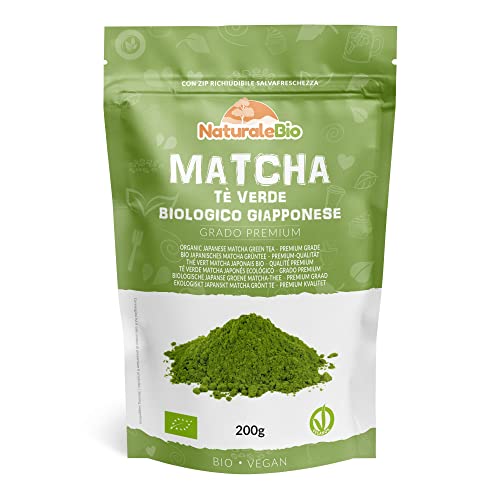 NaturaleBio Tè Verde Matcha Biologico in Polvere Grado Premium da 200 grammi. The Matcha Prodotto in Giappone Uji, Kyoto. Ideale da Bere, per i Dolci, Frullati, Tè freddo, nel Latte e come ingrediente