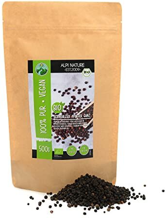 Alpi Nature Pepe nero biologico intero (500g), pepe nero in grani 100%, pepe nero da coltivazione biologica controllata, senza glutine, senza lattosio, testato in laboratorio