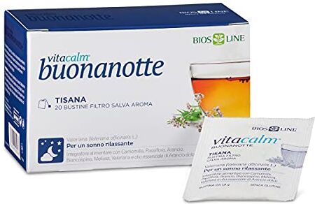 Bios Line VitaCalm Buonanotte Tisana, 20 Bustine di tisana con aroma d'Arancio, Tisana rilassante per conciliare sonni tranquilli, Tisana sonno CON camomilla capolini, Senza glutine e vegana