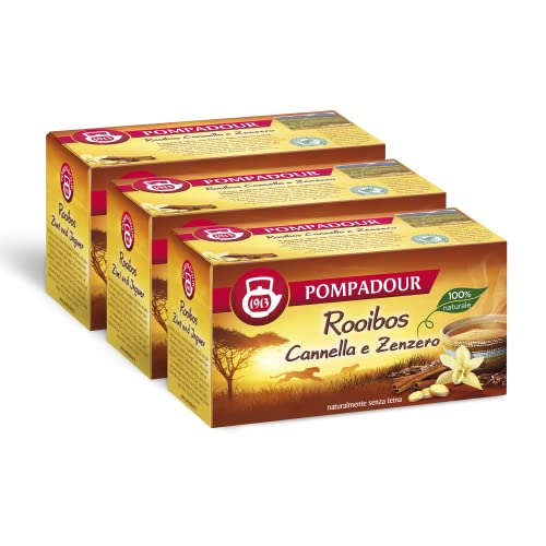 Pompadour , Infuso Rooibos Cannella e Zenzero, 60 Filtri (3 Confezioni da 20 Filtri), Fonte di Benessere, Certificato RFA, Senza Teina, 100% Naturale, Senza Lattosio, Glutine e Allergeni, Vegan