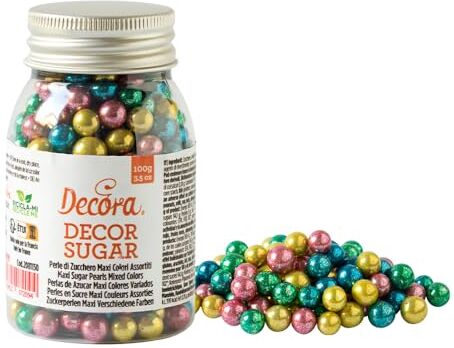 Decora 2081158 Confezione Da 100 G Perle Di Zucchero Maxi Metallic Colori Assortiti 7 Mm, dai colori brillanti, da cospargere direttamente su torte, cupcakes e biscotti.