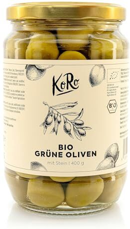 KoRo Olive verdi bio con nocciolo 400 g Senza conservanti Gusto intenso e piccante Barattolo grande ad un prezzo speciale