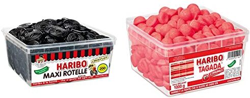 HARIBO Maxi Rotelle, Caramelle Gommose, Gusto Liquirizia, 200 Pezzi [1818gr] & Tagada, Caramelle Gommose, Gusto Frutta Fragola Circa 200 Pezzi [1000gr]