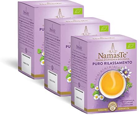 Pompadour NamasTe, Tisana Ayurvedica Biologica Puro Rilassamento con Camomilla, Passiflora e Timo Limone, 45 Filtri (3 Confezioni da 15 Filtri), Rilassante e Distensivo, Senza Lattosio, Glutine, Vegan