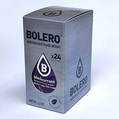 Bolero Drink 24 Bustine 3 gr grammi Sticks Frutta Preparato Polvere Solubile Per Bevanda Fresca in Acqua Prodotto, 72 grammi dolcificato alla stevia (Blackcurrant)