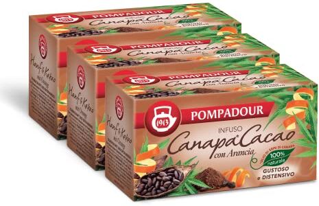 Pompadour , Infuso Canapa Cacao con Arancia, 60 Filtri (3 Confezioni da 20 Filtri), Gustoso e Distensivo, con Olio di Semi di Canapa, Senza Lattosio, Glutine e Allergeni, Vegan