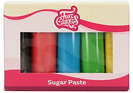 FunCakes Pasta di Zucchero Multipack Essential Colours: liscio, flessibile, morbido e pieghevole, halal, kosher e senza glutine. Colori: giallo, verde, blu, rosso, nero. 5 x 100 g