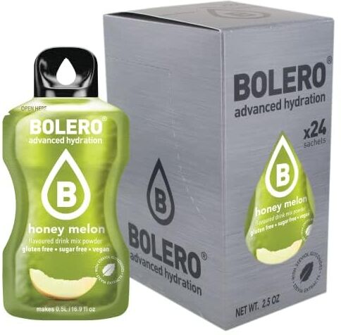 Bolero Drink 24 Bustine 3 gr grammi Sticks Frutta Preparato Polvere Solubile Per Bevanda Fresca in Acqua Prodotto, 72 grammi dolcificato alla stevia (Honey Melon)