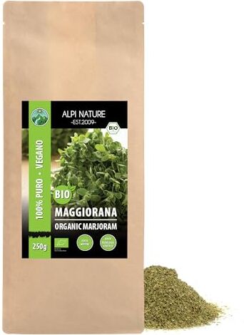 Alpi Nature Maggiorana biologica strofinata (250g), maggiorana essiccata, da coltivazione biologica controllata, senza glutine, senza lattosio, testata in laboratorio, vegana, 100% naturale senza additivi