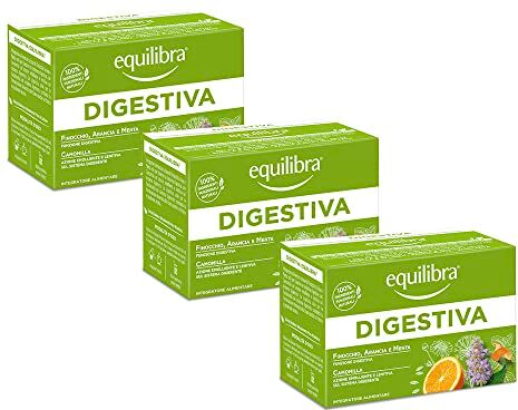 Equilibra Integratori Alimentari Tisane, Tisana Digestiva, 100% Ingredienti Funzionali per la Funzione Digestiva, a Base di Finocchio, Anice e Menta, Materiali 100% Riciclabili, 3 Pezzi da 15 Filtri