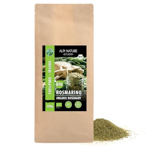 Alpi Nature Rosmarino essiccato biologico (500g), da coltivazione biologica controllata, senza glutine, senza lattosio, testato in laboratorio, vegano, 100% naturale