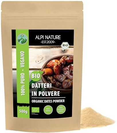 Alpi Nature Zucchero di datteri biologico (500g), polvere di datteri biologici da coltivazione biologica controllata, senza glutine, senza lattosio, datteri macinati, testato in laboratorio, vegano