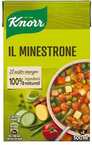 Knorr Minestrone Tradizionale, Piatti Pronti  con Ingredienti 100% Naturali, Senza Coloranti e Senza Conservanti, Fonte di Fibre, Vegano, Confezione da 500ml