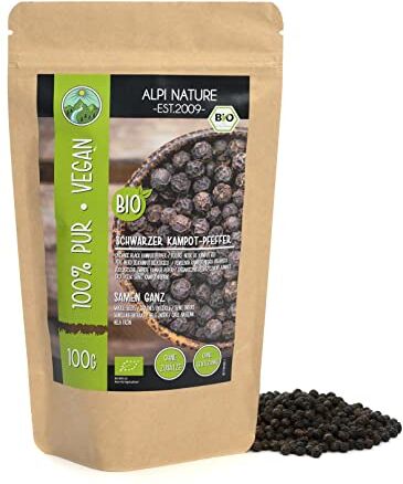 Alpi Nature Pepe nero di Kampot biologico (100g), grani di pepe nero di Kampot da coltivazione biologica controllata, testato in laboratorio, puro al 100% e naturale