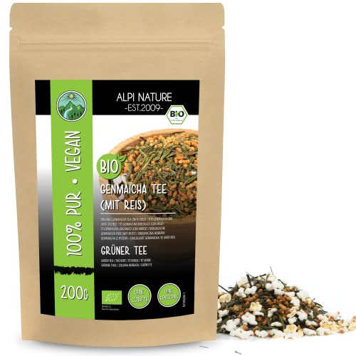 Alpi Nature Tè Genmaicha biologico, Tè Genmaicha giapponese, Tè verde con riso tostato da agricoltura biologica, Tè verde biologico tagliato con riso (200 GR)