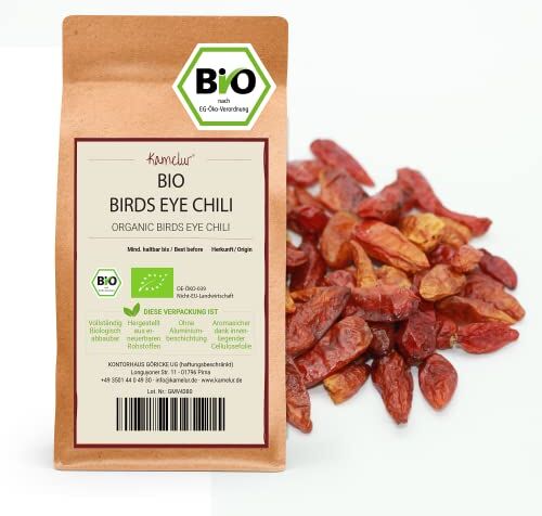 Kamelur Peperoncini BIO "Birds Eye" Interi Peperoncini Essiccati Delicatamente, Senza Additivi Piccante 120.000 (Scala Scoville) Confezionati In Imballaggi Biodegradabili 500 G (Confezione Da 1)