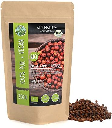 Alpi Nature Pepe rosso di Kampot biologico (200g), pepe rosso di Kampot biologico, grani di pepe rosso di Kampot da coltivazione biologica controllata, testato in laboratorio, puro al 100% e naturale