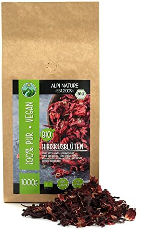 Alpi Nature Tè di ibisco biologico (1kg), fiori di ibisco biologico, fiori di ibisco, tè di fiori di ibisco, essiccato delicatamente, da coltivazione biologica controllata, testato in laboratorio, vegano