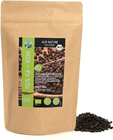 Alpi Nature Pepe nero Tellicherry biologico (500g), grani di pepe nero Tellicherry da coltivazione biologica controllata, testato in laboratorio, puro al 100% e naturale