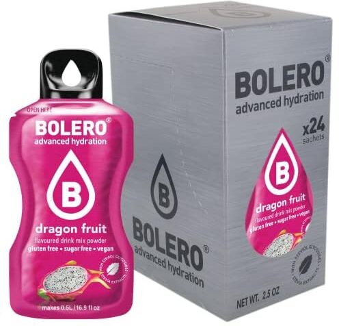 Bolero Drink 24 Bustine 3 gr grammi Sticks Frutta Preparato Polvere Solubile Per Bevanda Fresca in Acqua Prodotto, 72 grammi dolcificato alla stevia (Dragonfruit)