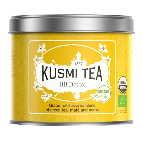 KUSMI TEA Tè BB Detox Bio Miscela biologica di tè verde, matè e erbe aromatizzate al pompelmo Lattina di metallo da 100 g Circa 40 tazze