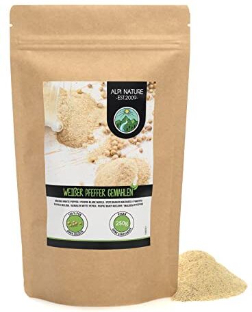 Alpi Nature Pepe bianco macinato (250g), pepe bianco naturale al 100%, senza additivi, vegano, pepe bianco in grani