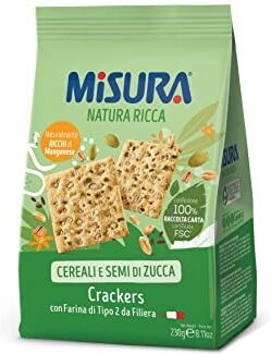 Misura Crackers ai Cereali Natura Ricca   con Semi di Zucca e Fiocchi d’Avena   Confezione da 230 grammi