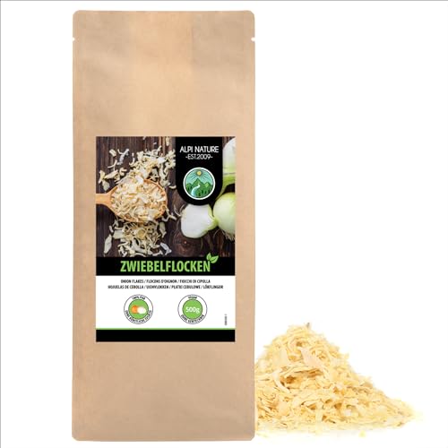 Alpi Nature Fiocchi di cipolla secca (500g), cipolle tagliate 5-30mm, pezzi di cipolla, cipolla essiccata e tritata, prodotto naturale, privo di additivi, ideale per verdure, pasta, zuppe, carne e pesce