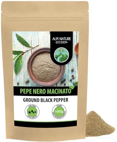 Alpi Nature Pepe nero macinato (1kg), pepe nero macinato 100% naturale, naturalmente senza additivi, vegano, pepe nero in grani