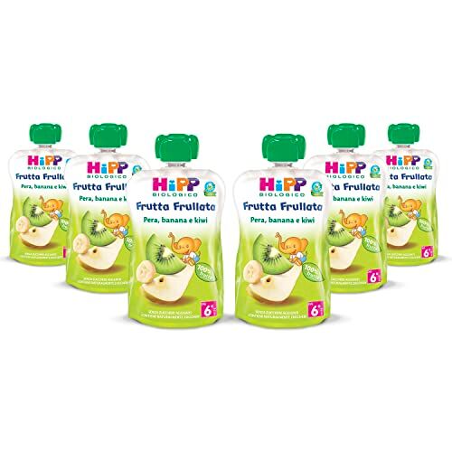 HiPP Frutta Frullata Bio per Bambini, Purea 100% Frutta al Gusto Pera, Banana e Kiwi, Senza Zuccheri Aggiunti, 6 Confezioni da 90 g