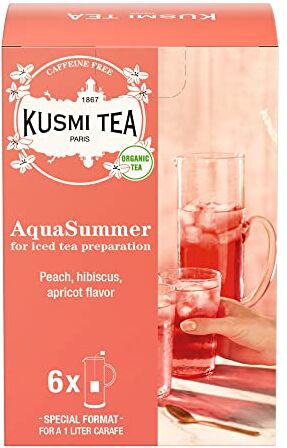 KUSMI TEA AquaSummer Bio Infuso freddo di una miscela di ibiscus e frutta gusto pesca e albicocca Scatola da 6 bustine 48 gr