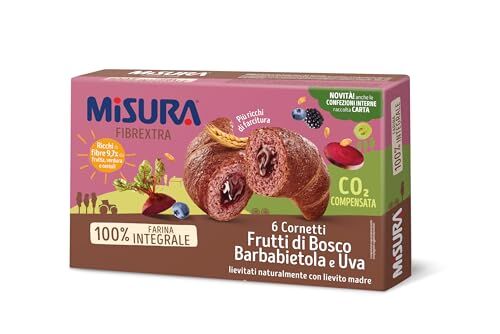 Misura Cornetti Fibrextra Frutti di Bosco, Barbabietola e Uva   100% Farina Integrale   Più Ricchi di Farcitura   Confezione da 308 grammi