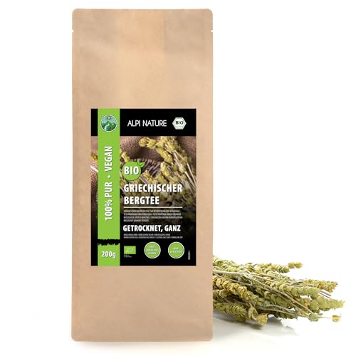 Alpi Nature Tè greco di montagna intero biologico (200g), steli di fiori interi da coltivazione biologica controllata, essiccato delicatamente, puro al 100% e naturale, Sideritis Scardica Bio