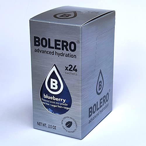 Bolero Drink 24 Bustine 3 gr grammi Sticks Frutta Preparato Polvere Solubile Per Bevanda Fresca in Acqua Prodotto, 72 grammi dolcificato alla stevia (Blueberry)